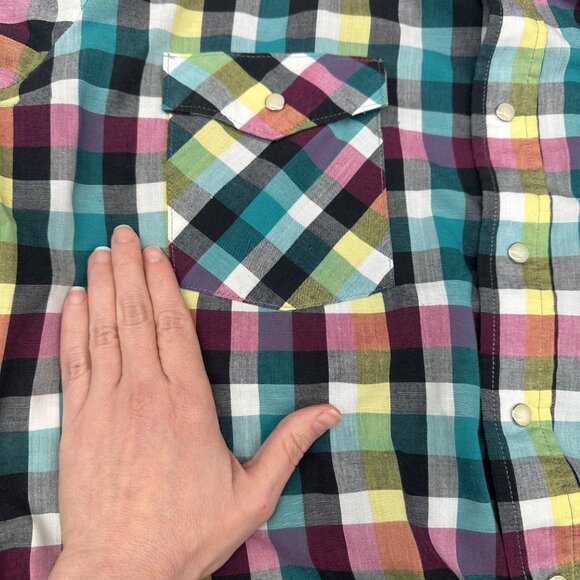 Vintage Saddle King Western Pearl Snap Plaid Shirt Cotton USA Made Teal Pink M/L - Picture 6 of 7
